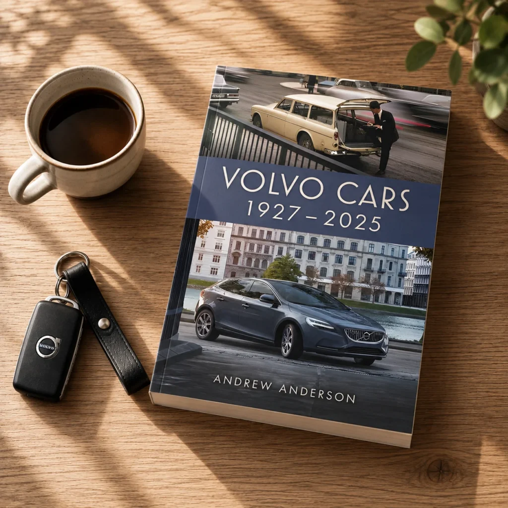 Volvo Cars 1927-2025 paperback book set on a sunlit wooden table with a cup of coffee and a set of Volvo car keys